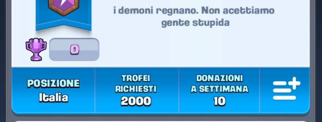 una mia "amica" dopo avermi attaccata davanti a tutti la classe dimostrando a tutti quanto sia immatura e falsa per farmi un dispetto ha pure cambiato la descrizione del clan di clash royale che avevamo in comunque in questa cosa estremamente cringe, sono 