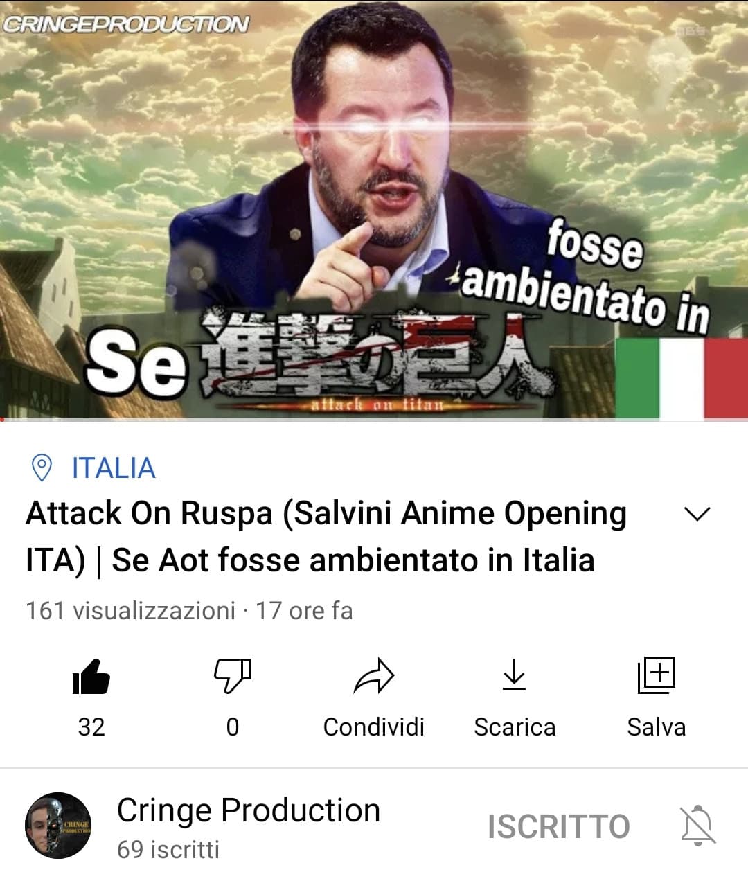 No vabbe,stamattina ero in classe, ho preso il telefono di nascosto, ho aperto youtube e ho visto nella home "Attack on Ruspa Salvini Anime Opening". Scoppiata a ridere e il prof mi ha sgamata