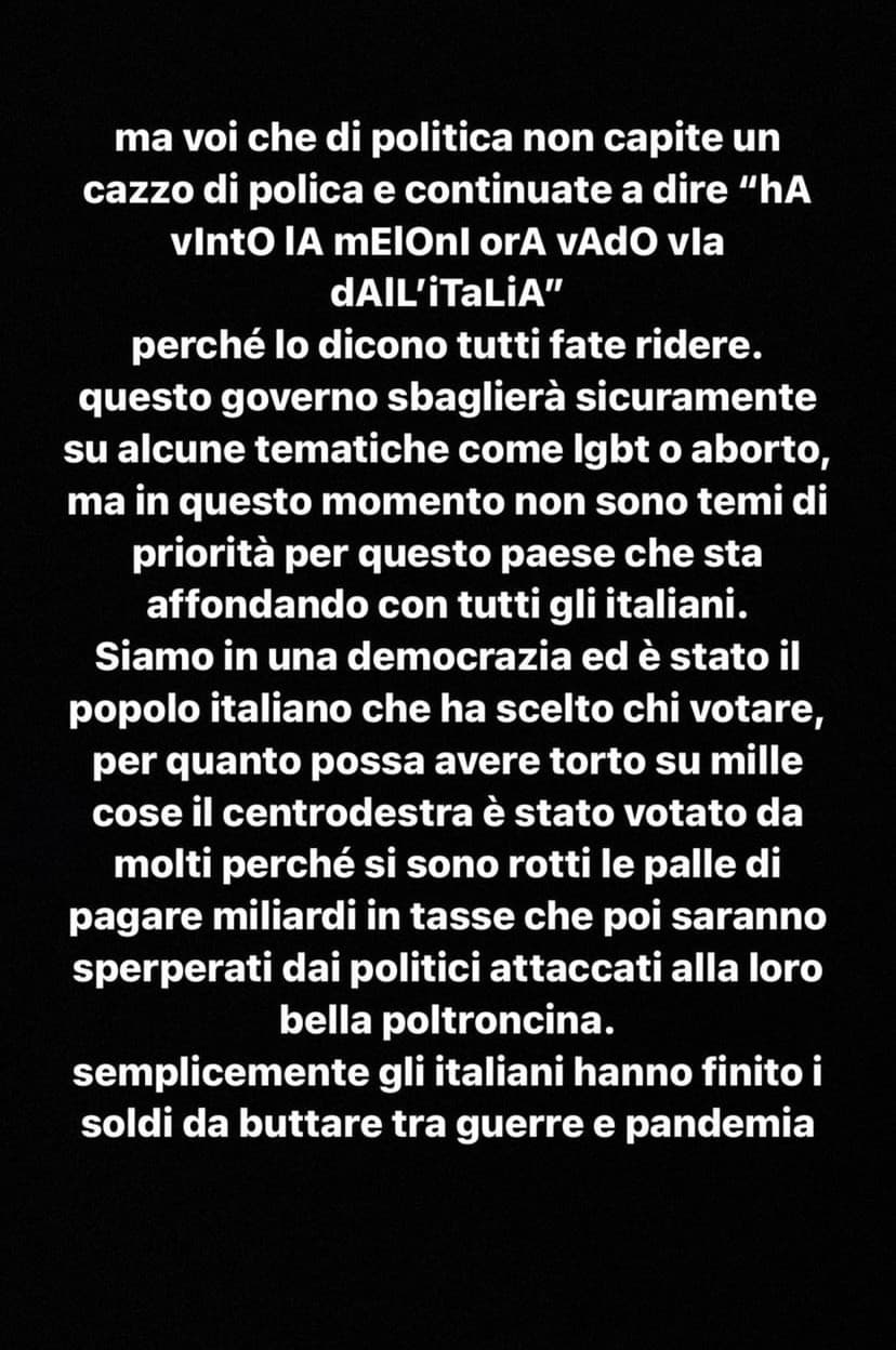 quelli che infamano la meloni senza neanche aver letto il piano politico mi fanno incazzare. riconosco che molti si oppongono solo per moda 