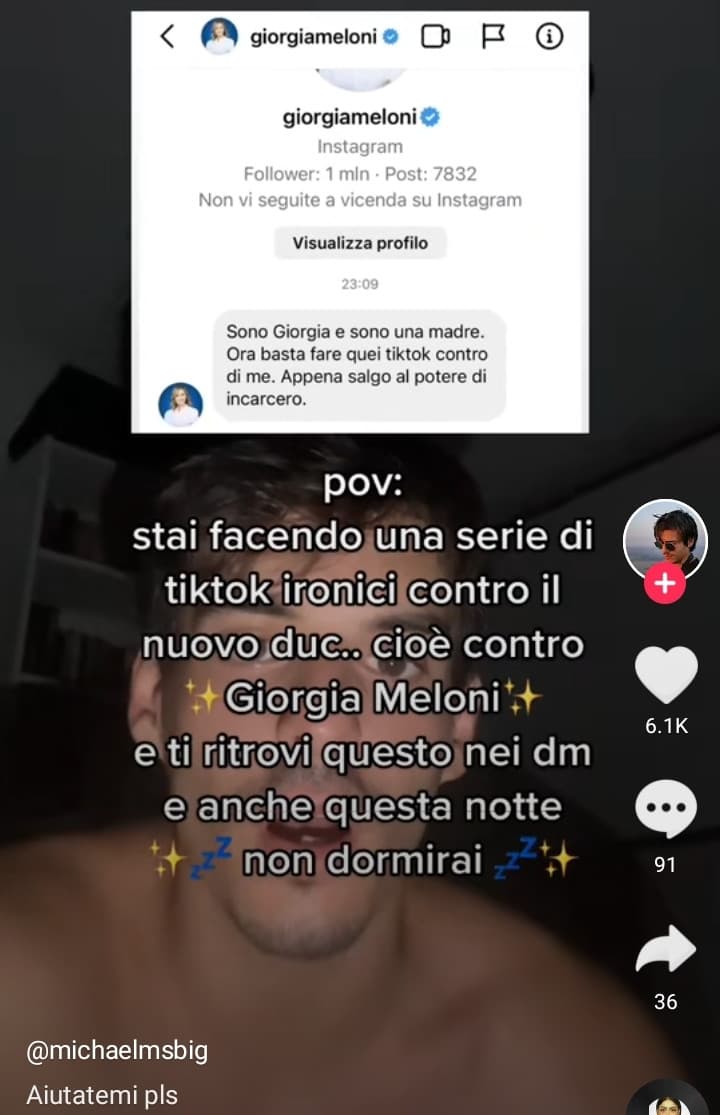 Adesso, posso capire il prendere per il culo la meloni, ma questa è palese diffamazione. Del tipo che potrebbe benissimo denunciarlo e rovinarlo. Però ammiro il coraggio. 