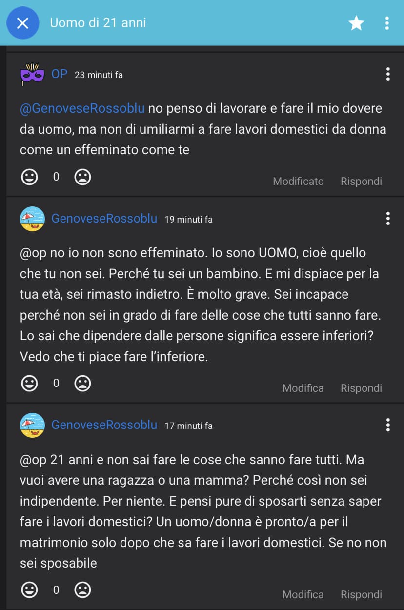 Ma perché vede il fare le faccende domestiche come essere schiavi? Se entrambi le fanno non sei uno schiavo. Ma secondo me certi su questo sito fanno apposta i maschilisti per farti arrabbiare. Si annoiano e dicono apposta ste cose perché sanno che fanno a