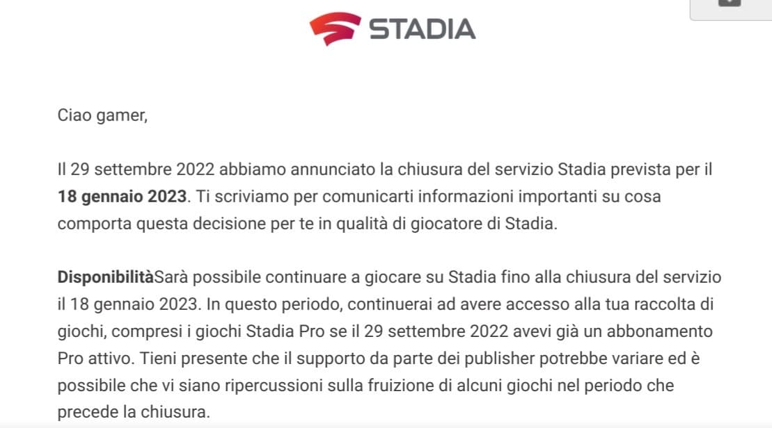 Rip per stadia. Però, da quanto ho capito, mi rimborseranno tutti i giochi che ho acquistato quindi top