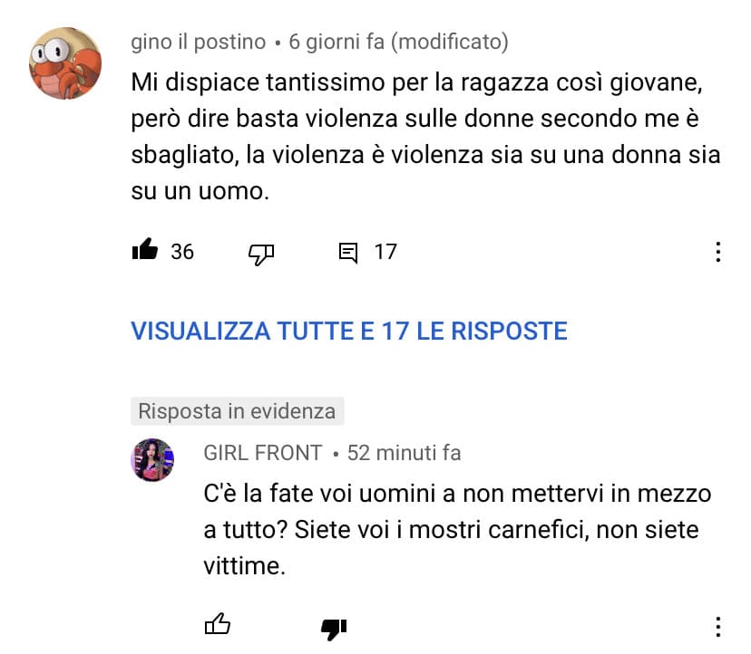 Non so voi ma a me capita molto spesso di incontrare donne come GIRL FRONT… perché odiano tutte così tanto in genere maschile e pensano malissimo ? Penso siano troppo influenzate dai tg ecc.. l’essere umano è superficiale di natura 