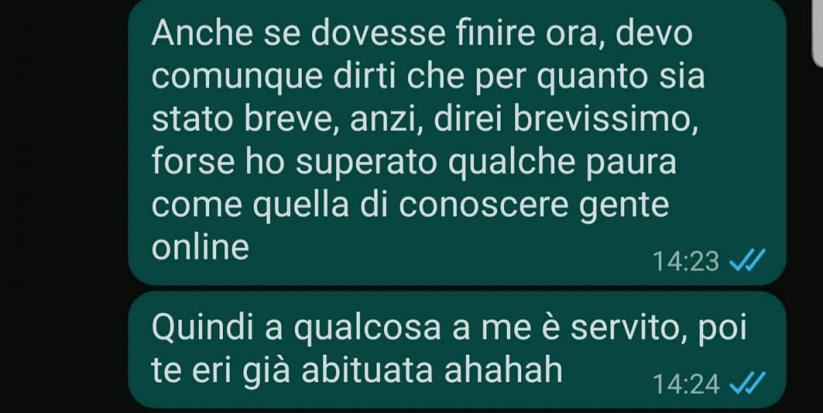 A titolo informativo: 5 minuti dopo gli avrei scritto ľ ultimo messaggio. Quindi si, è finita. A tratti, forse anche meglio così. 