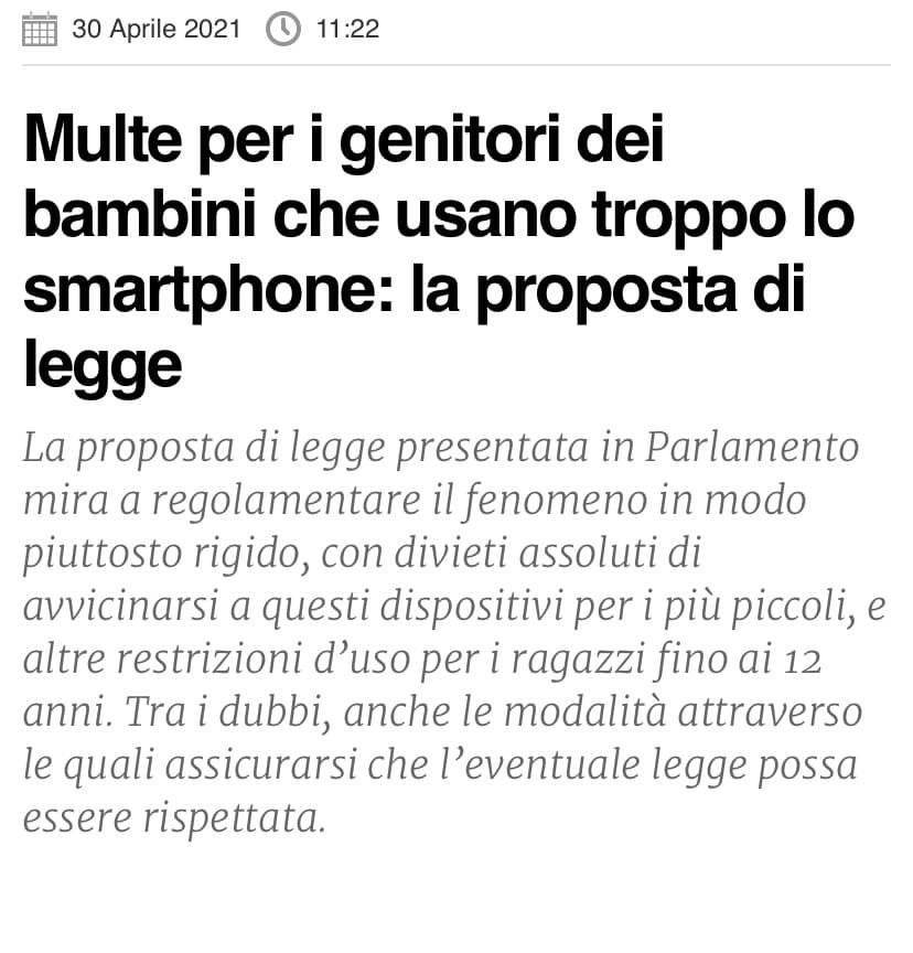 Ah si, già immagino i RESPONSABILI e DILIGENTI genitori che vanno a denunciarsi (?) per aver lasciato il figlio più di tot ore allo smartphone... siiiiiii