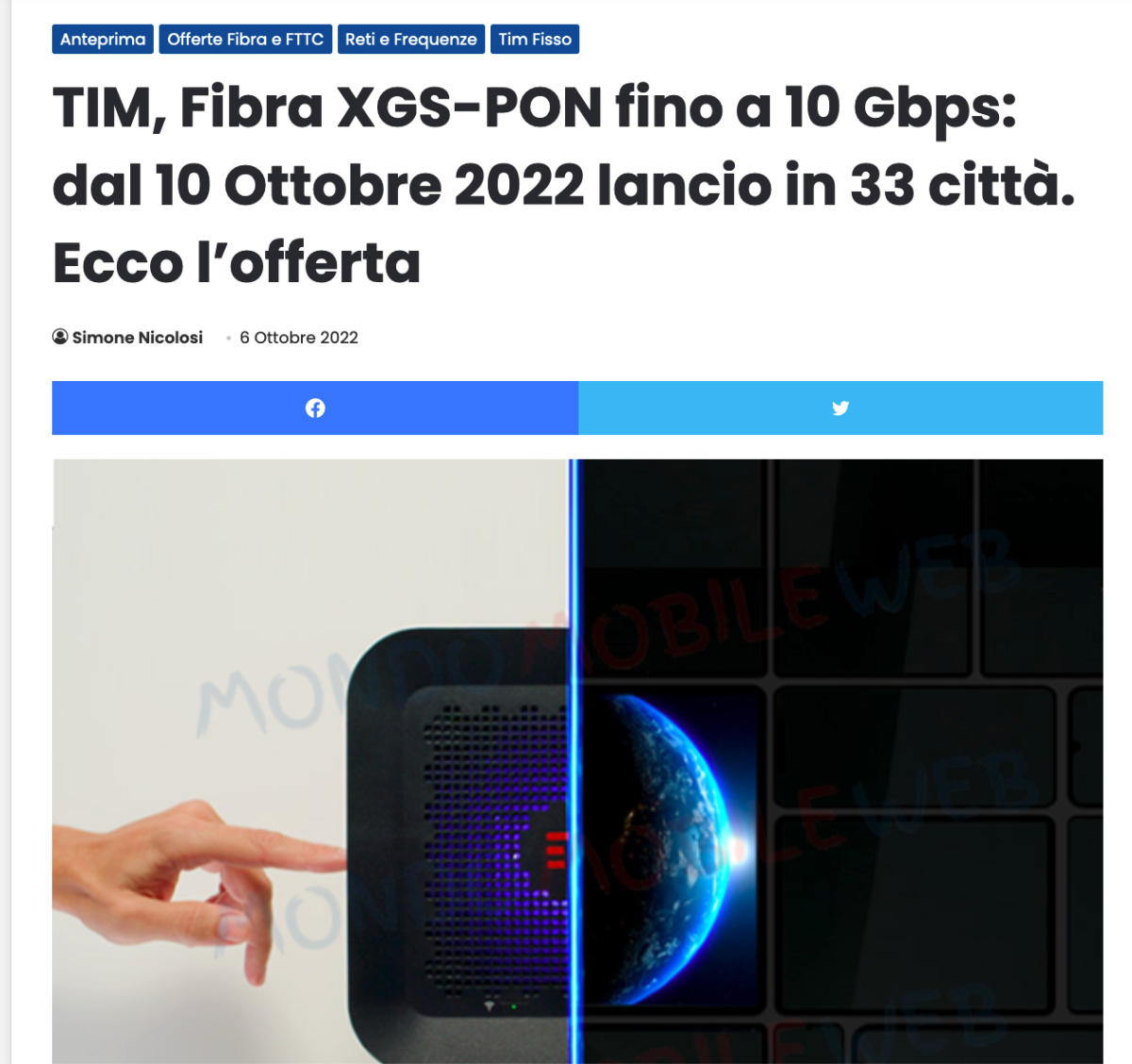 TIM ha introdotto la fibra a 10 Gb/s in download e 2 Gb/s in upload 