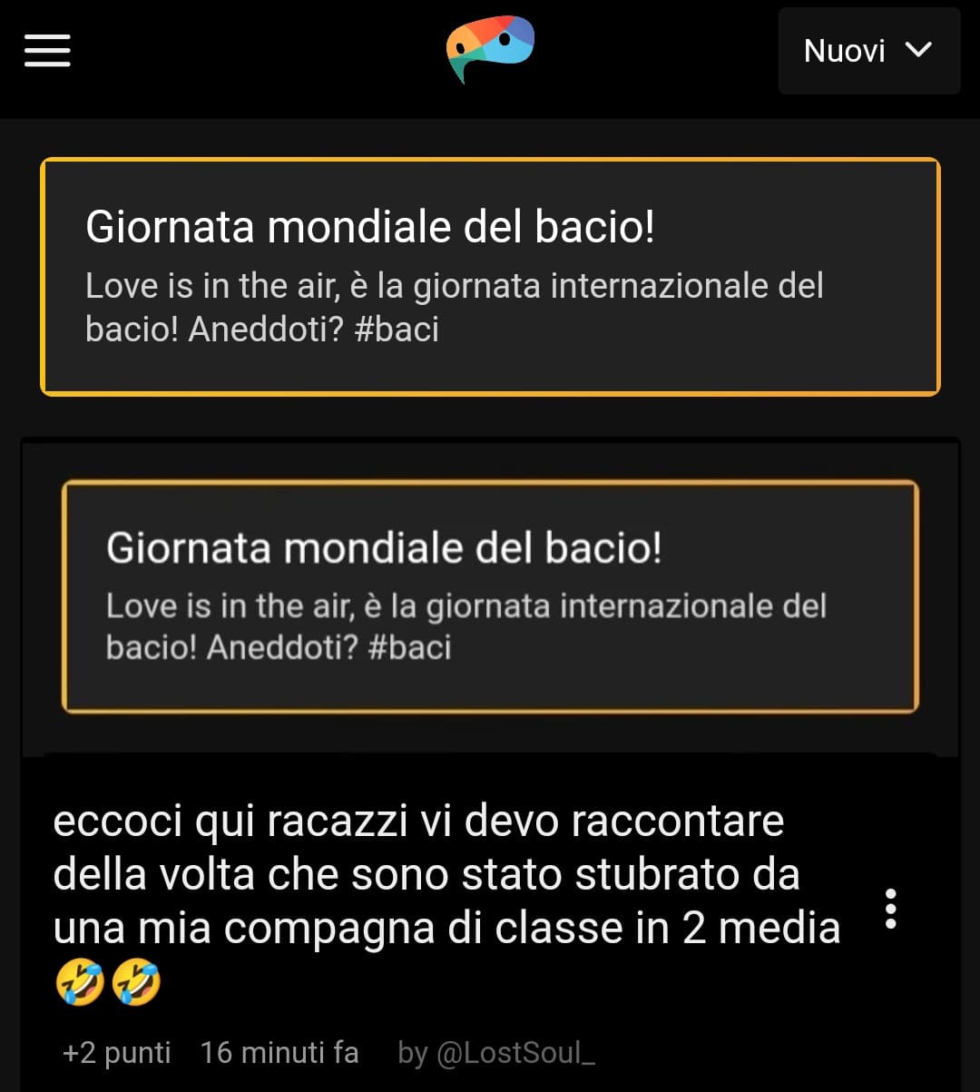 Propongo una nuova challenge! Fare screen al banner del bacio con sotto questo shout. Così un'altra persona farà screen a quell'altro shout e così via, riempiamo il sito di baci ?❤️ (se riuscite, cercate di azzeccare lo stesso colore. Oppure fatelo di colo