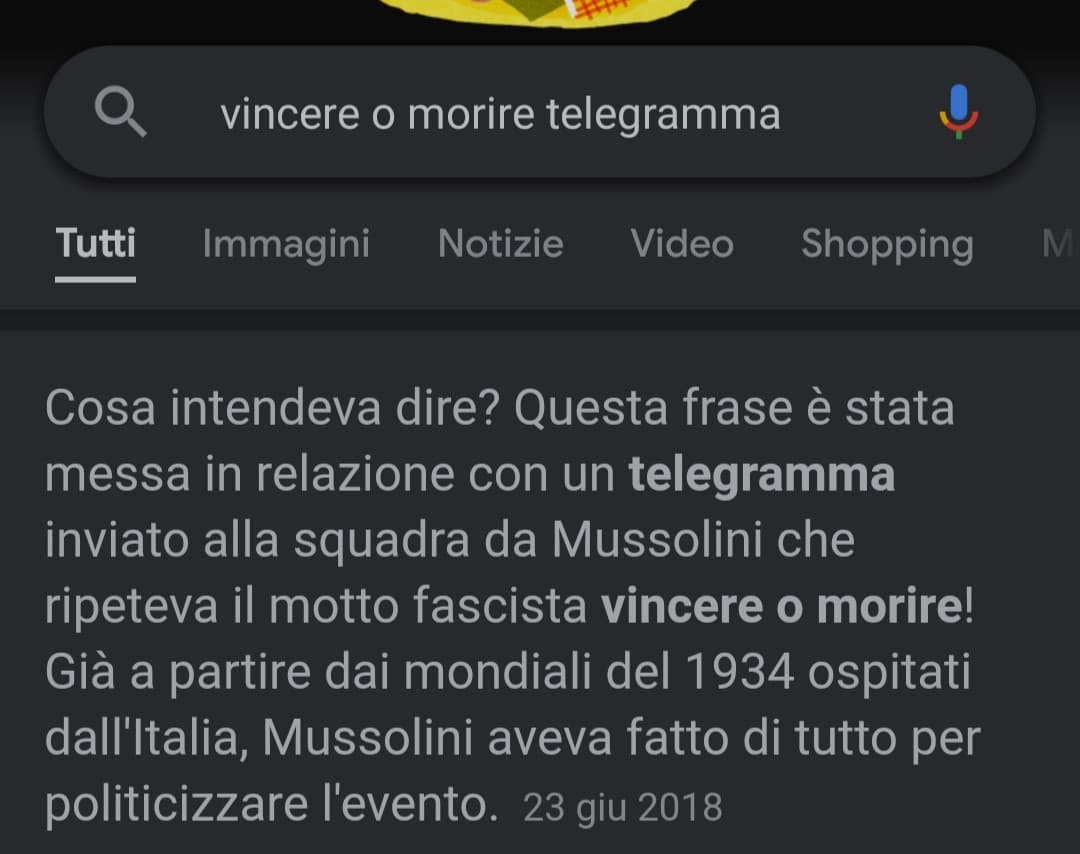 Spero che l'utente BENITO_IL_DVCE mandi un telegramma alla nazionale per farci vincere come era già successo nel 1934 e nel 1938 