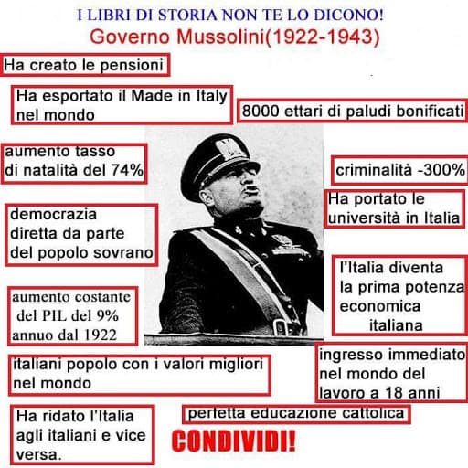 Ed eccoci qua, mi trovo per l'ennesima volta imbattuto in un'immagine del genere, che riporta i presunti "meriti" del duce. Smentiamone alcuni.