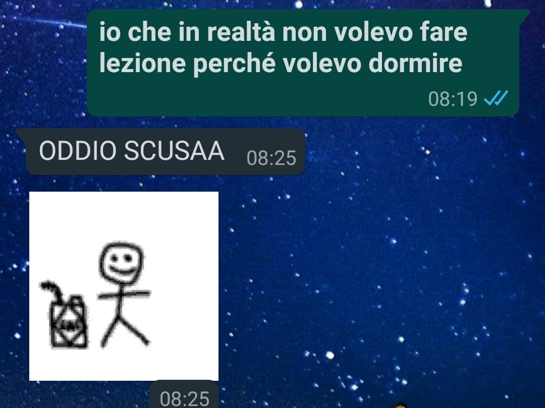 Non entravo a lezione stamattina perché volevo dormire, e niente ni ha chiamata lei e ha rovinato i miei piani