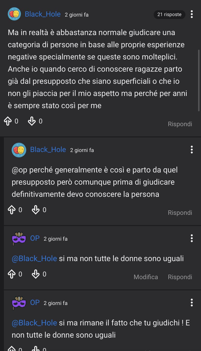 E poi dici che difendo solo gli uomini. Ma guarda che difendo anche le donne. Solo che sto shouts dove difendevo le donne mi è stato eliminato 3 volte 