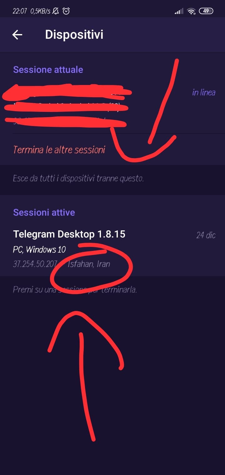 Da un po' di tempo uso un VoIP su Telegram perché il mio numero è limitato, Telegram mi dice che qualcuno sta usando il mio account, controllo e trovo che viene dall'Iran