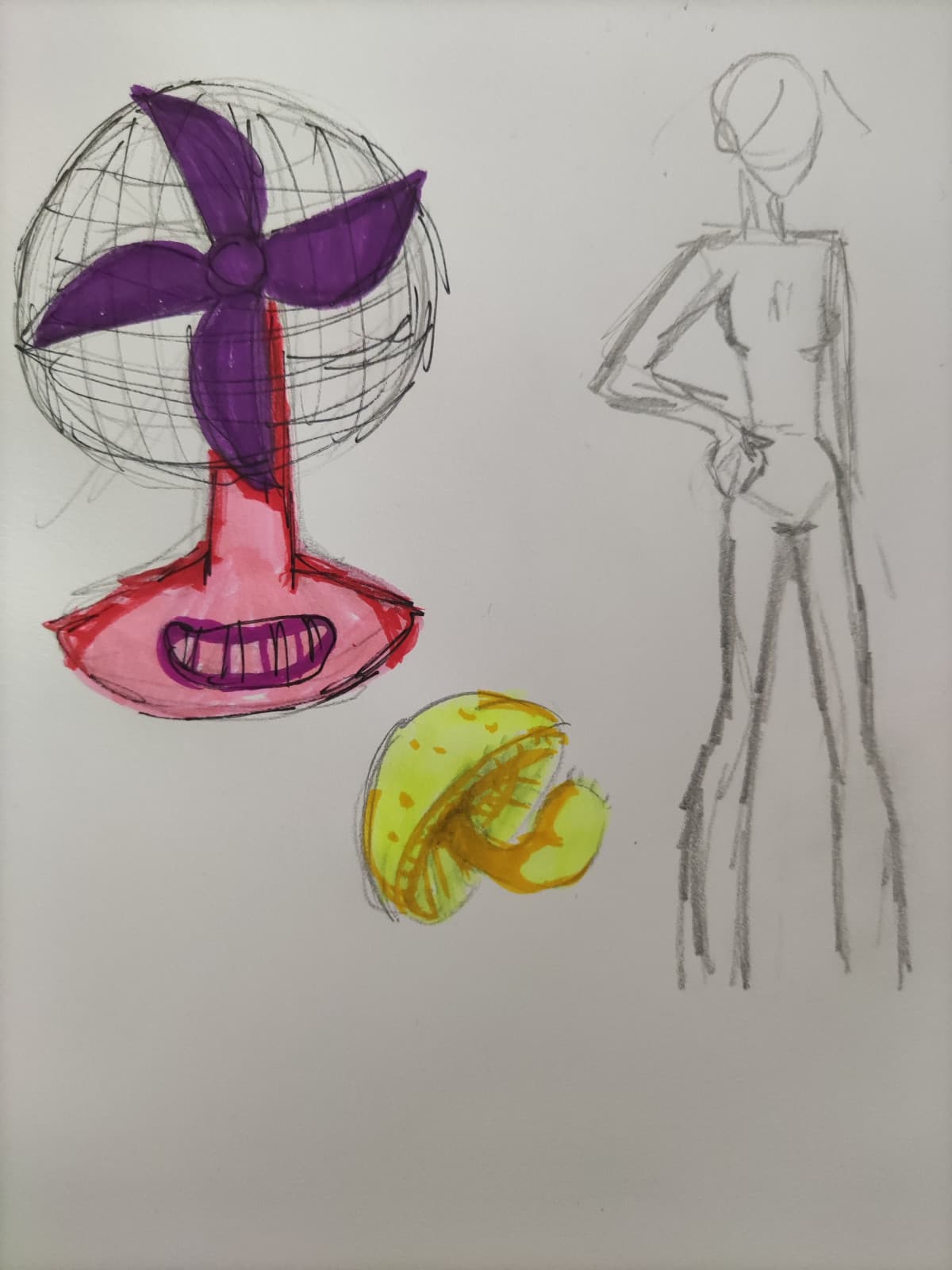 Ho imparato con questi 3 disegni che non so disegnare i figurini e i ventilatori. Ma i funghi fluo non sono male 