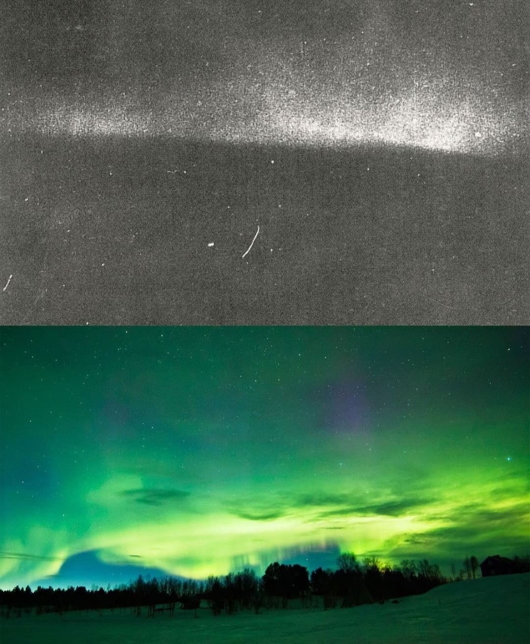 Sopra prima foto in un'aurora boreale (1892) sotto una del 2017