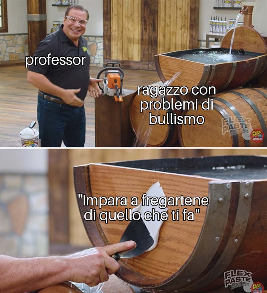 Non parla di me, ma sento molte storie di questo tipo. Prof, lo volete capire che se uno viene bullizzato è il bullo che deve essere punito e non la vittima ad adattarsi ad esso? 