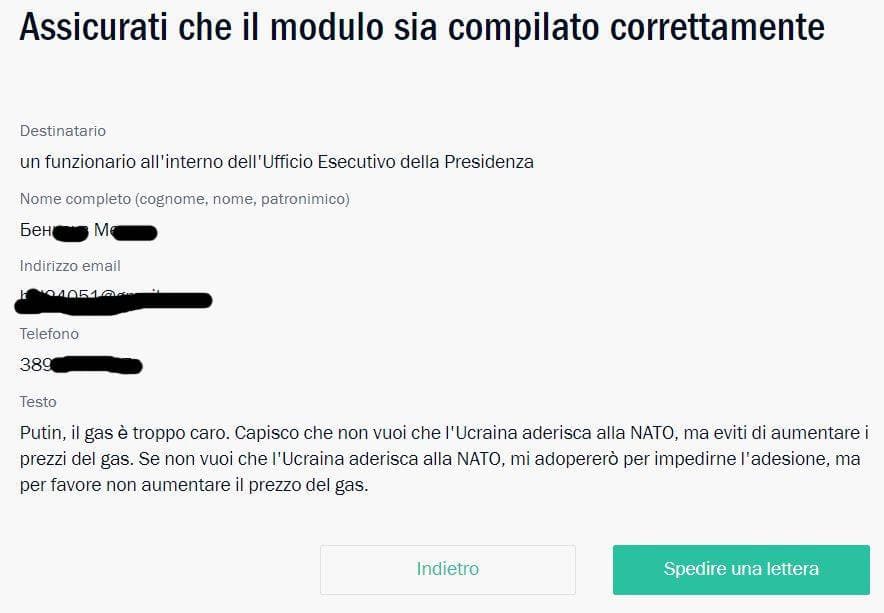 HO SCRITTO UNA LETTERA A PUTIN, l'ho scritta in inglese, la traduzione è della pagina. Sono sicuro che dopo la mia sollecitazione abbasserà il prezzo del gas