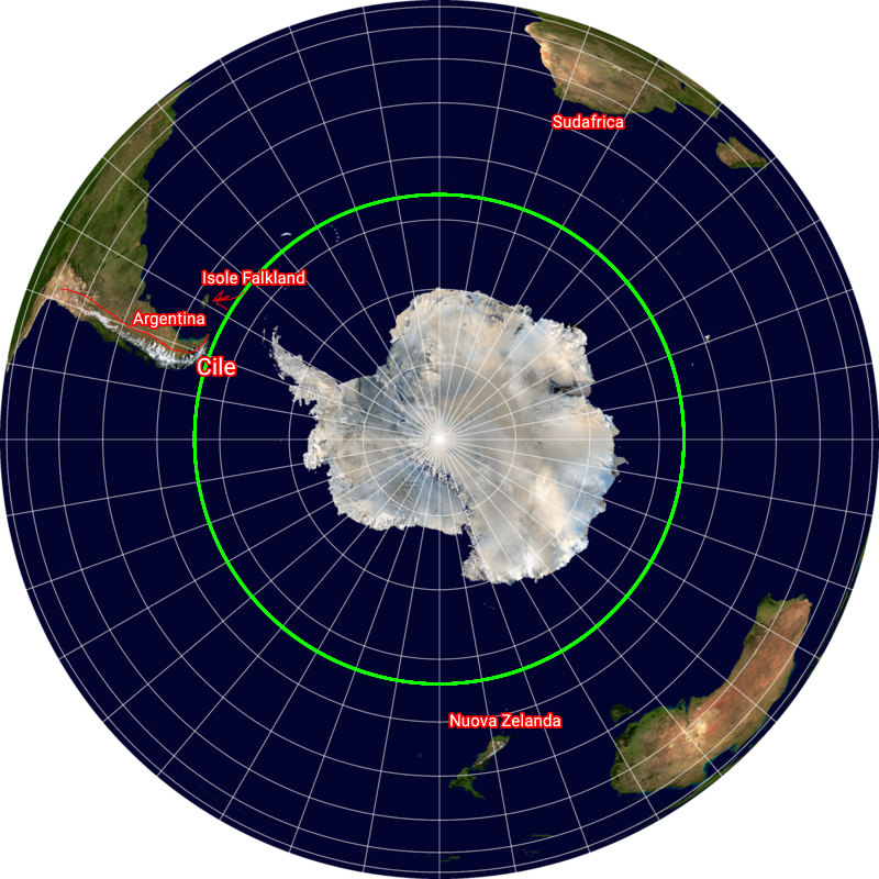 Risposta al precendente indovinello: il Cile è la nazione più a sud del mondo (il meridiano verde segna il punto più a sud) 