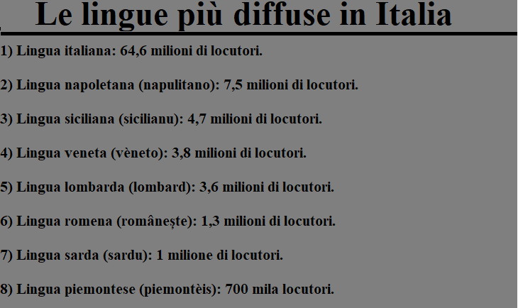 Classifica delle lingue più diffuse in Italia.