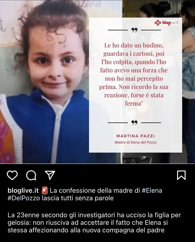 Sono tanti i commenti come quello. Chiamarsi solidarietà femminile??. Povera piccola, fosse il padre ad ucciderla ci sarebbe più rabbia e non ci sarebbero commenti di donne solidali verso il padre.  La madre ha organizzato tutto per bene e sembrava lucida.