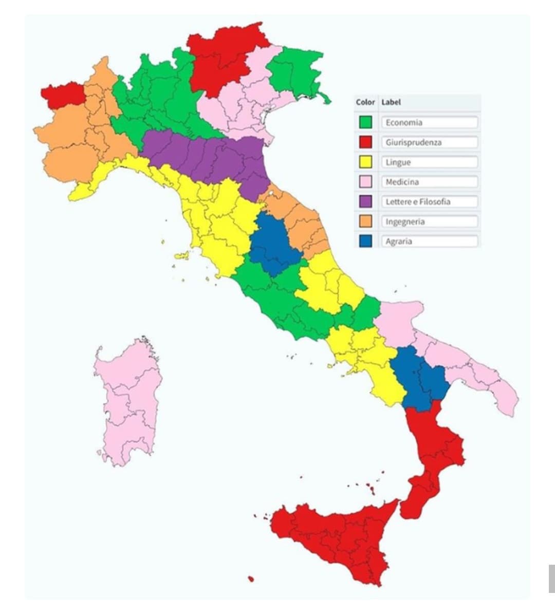 La facoltà in cui gli studenti universitari italiani si laureano maggiormente per regione