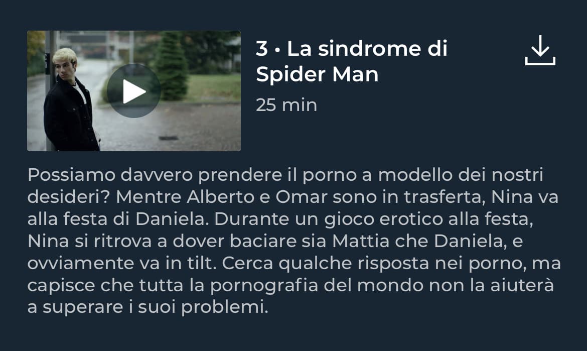 RaiPlay ultimamente sta sfornando serie e miniserie fatte bene. Vi consiglio prima di tutto Drugs, 8 mini episodi da 8/10 minuti sulle droghe: dalla cannabis all’eroina, dai video games all’alcol. Storie vere, raccontare da giovani ragazzi e ragazze