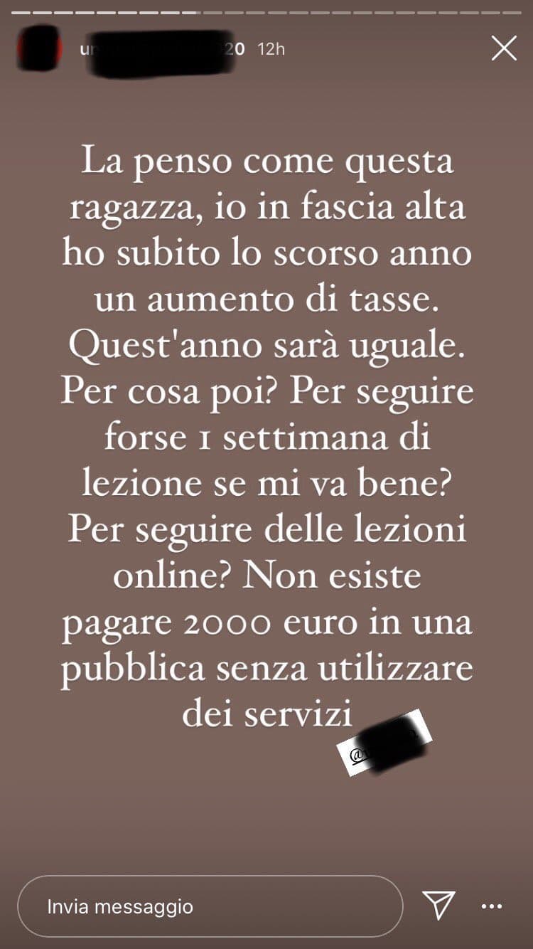 ... 
riassuntino: una/o (fuori dalle fasce ISEE, più di 120 mila € annui da quel che ho capito) si lamenta del fatto che l’università a alzato le tasse universitarie per quelli fuori fasce ISEE 