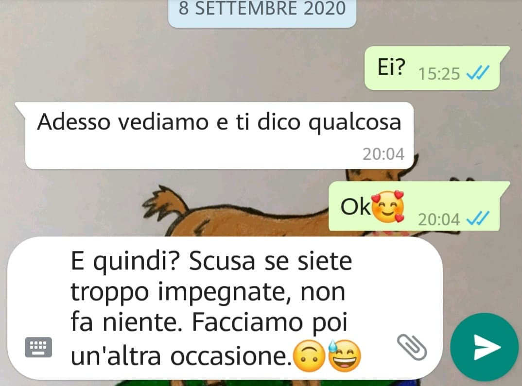 Mi sta letteralmente ignorando, non visualizza i messaggi anche se online. Che poi le sto solo chiedendo di uscire con le nostre amiche e non chissà che cosa.