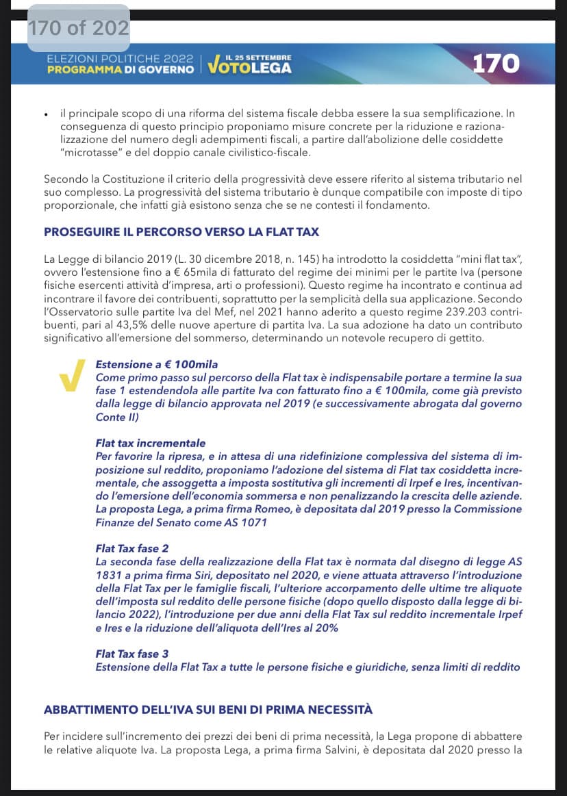 Si sono 202 pagine e si nella proposta sulle tasse/pace fiscale e flat tax incrementale (ossimoro?) non compare neanche un numero su come verranno recuperati i soldi per lo stato 