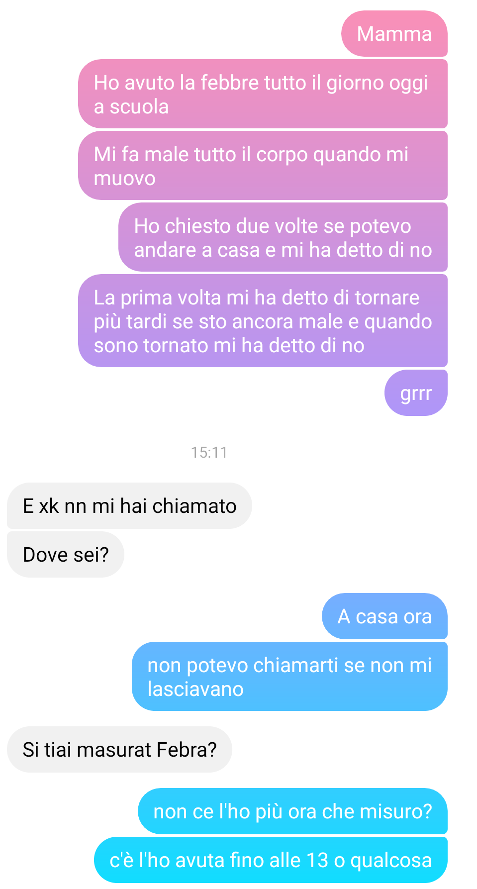 Ho detto a mia madre che ho avuto la febbre tutto il giorno ma sono dovuto restare a scuola. La sua prima reazione? Ovviamente incazzarsi con me e per altri motivi. 