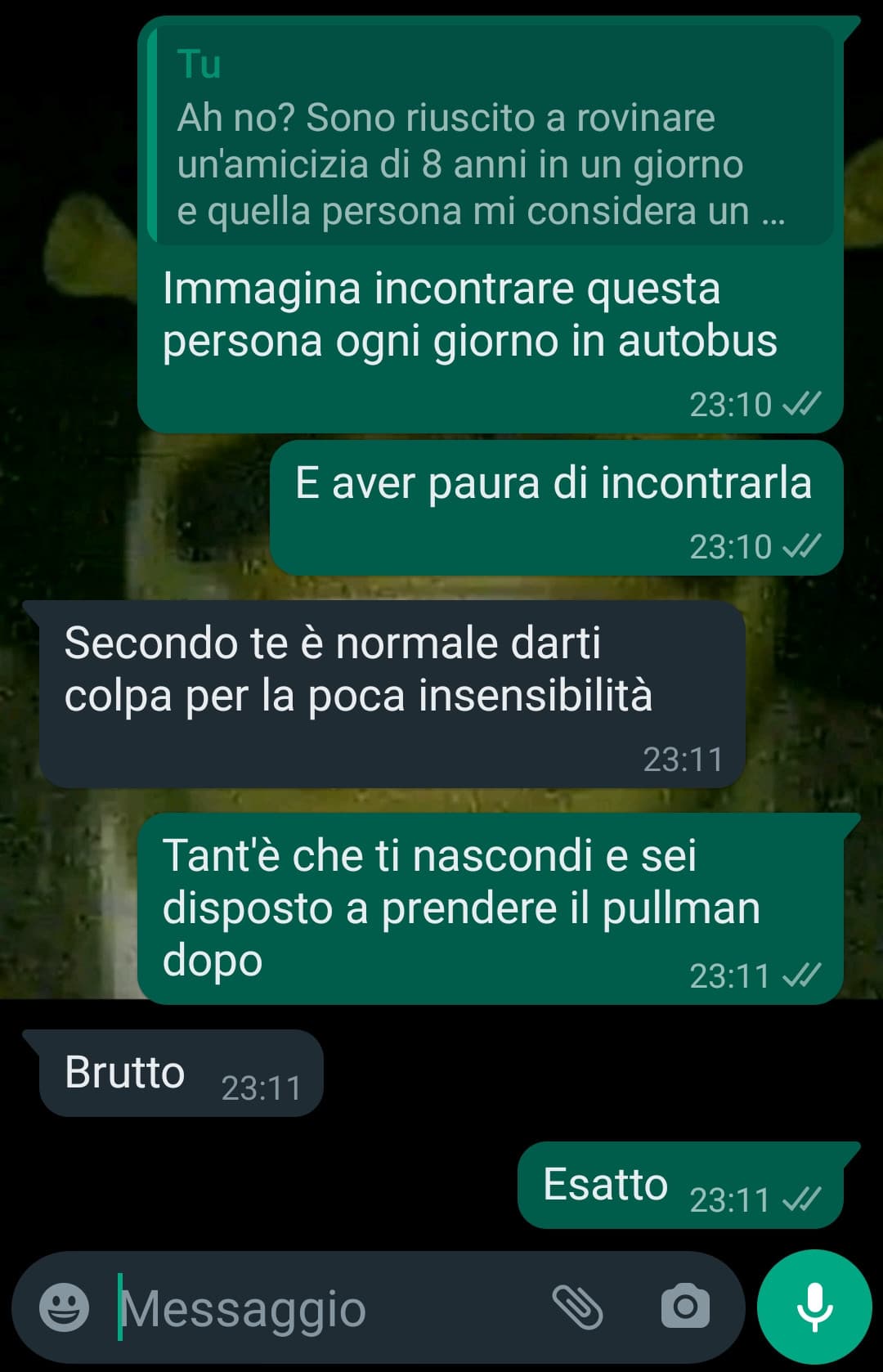 Altro sfogo che ho avuto. Non penso dimenticherò mai la persona in questione o la sensazione di terrore di incontrarla e solo starle vicino, anche tra 30 anni e in un altro paese. 