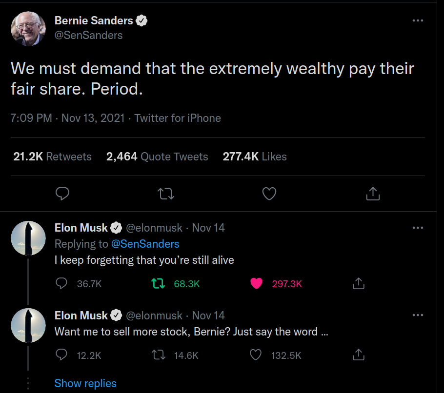 Bello vedere Bernie Sanders che viene blastato da Elon Musk lol 