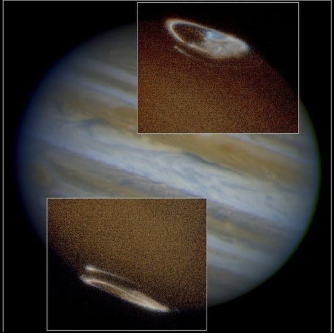 Foto che mostra le aurore su Giove 