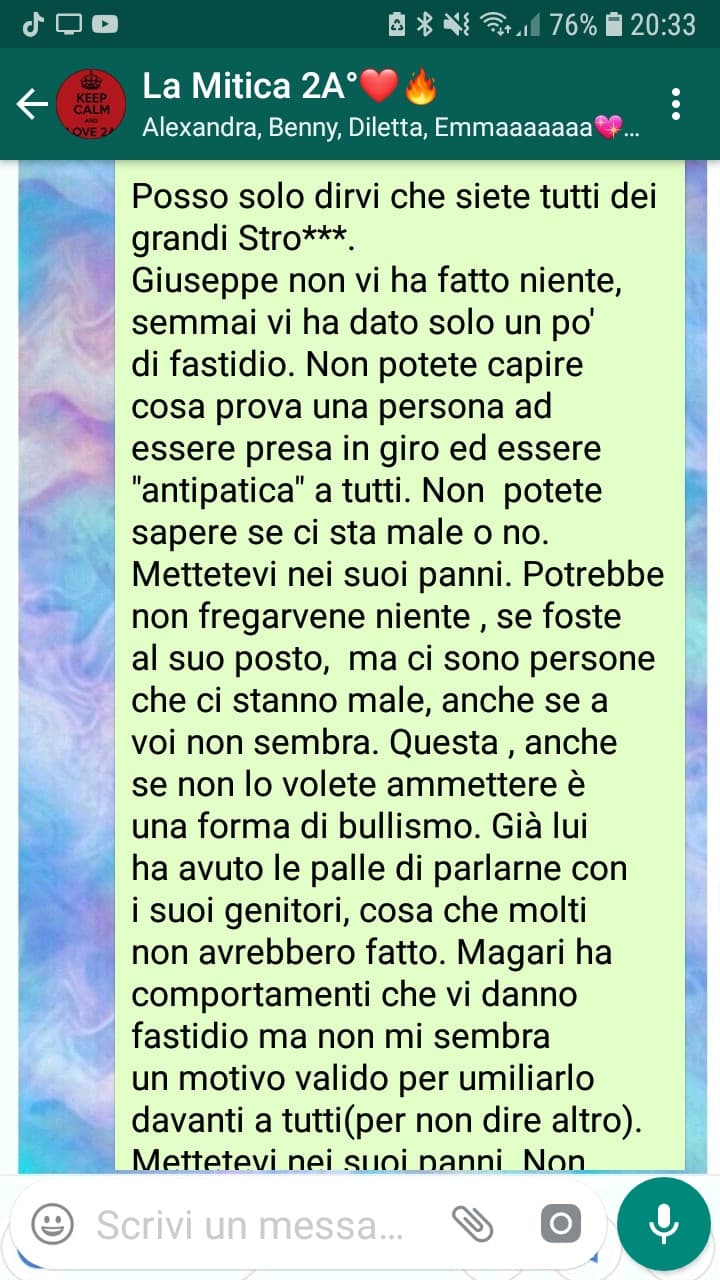 Questo è il messaggio che ho scritto alla classe perchè un ragazzo viene preso in giro ed è stato tolto dal gruppo per gioia di tutti