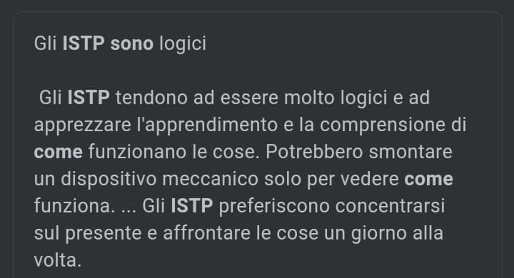 Ma allora
I test sono fake a me da che sono infp però la descrizione mia è esattamente quella del ISTP ho anche aperto diversi oggetti per vedere come funzionano