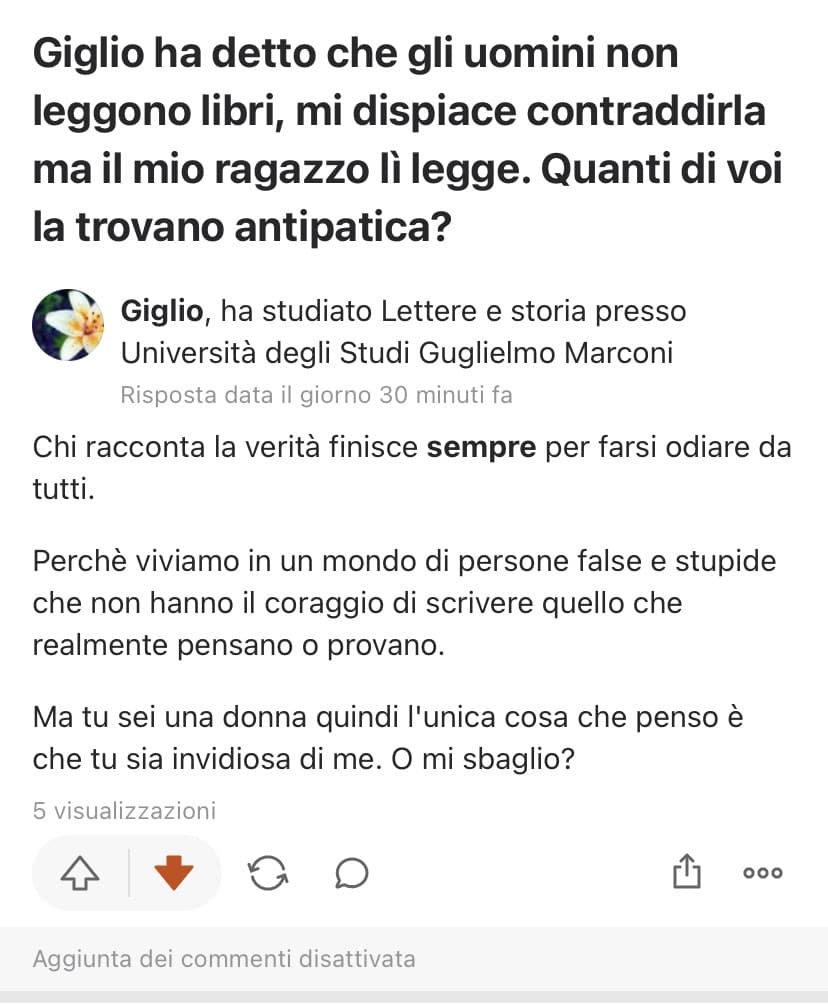 È lei che pensa sia la verità .. pensa mega male dei maschi sta cretina  