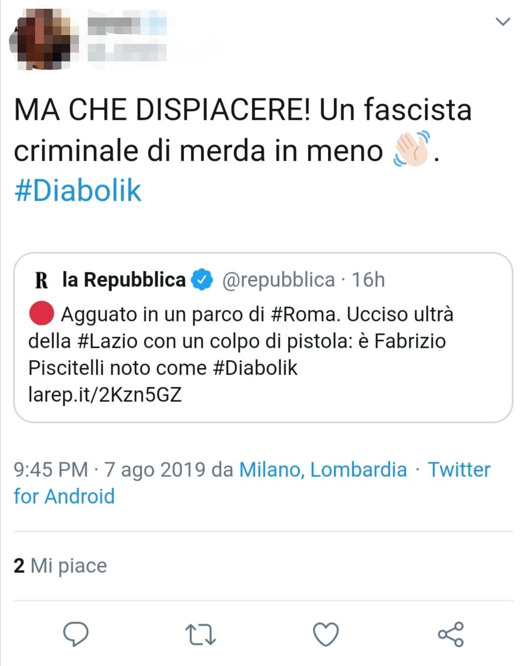 Il peggior Tweet in cui mi sia imbattuta, questa persona chiama Fascista il morto quando I veri Fascisti del nostro secolo sono quelli che scrivono queste cose, rallegrandosi per la morte di chi non la pensa come loro. Il che è abbastanza brutto. 