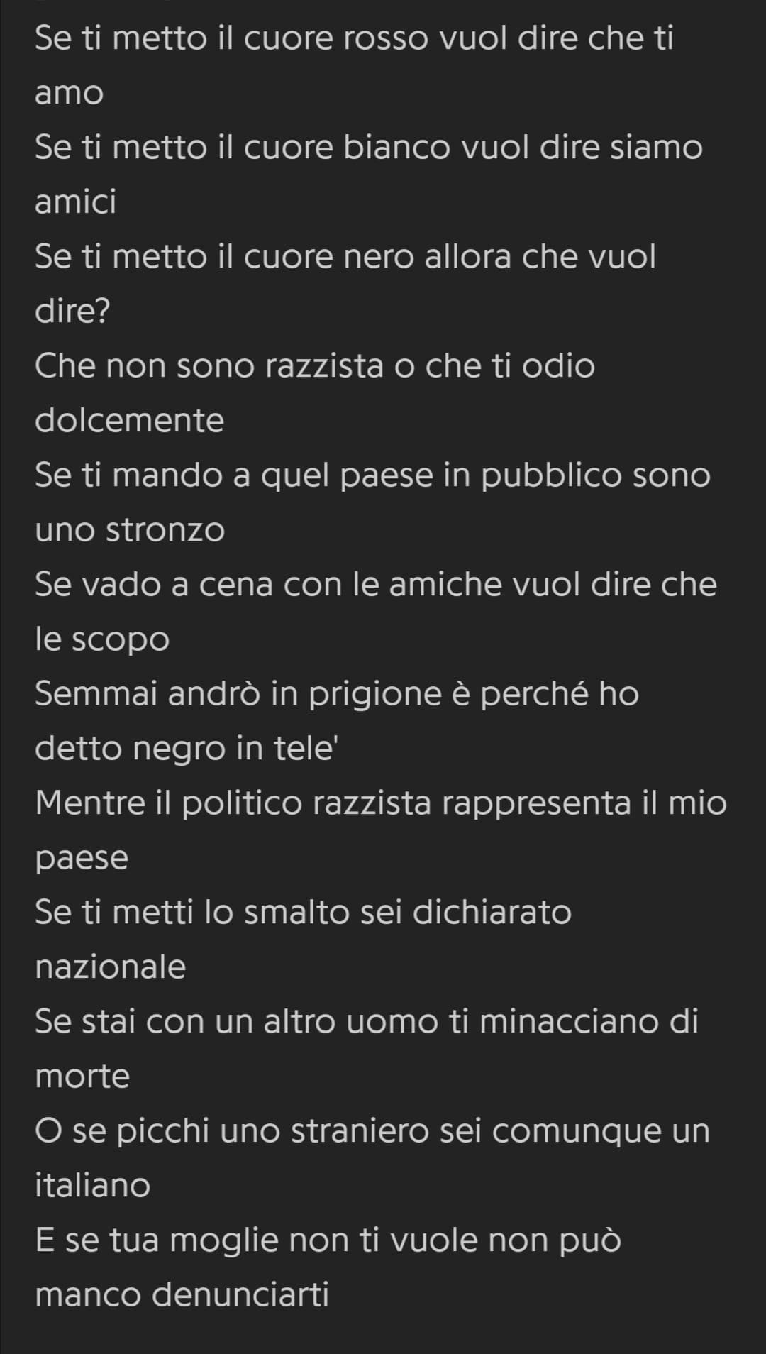 La gente è strana si fa sempre dei pregiudizi per delle stupidaggini come un emoji di un colore diverso ?.. bel testo, molto riflessivo 