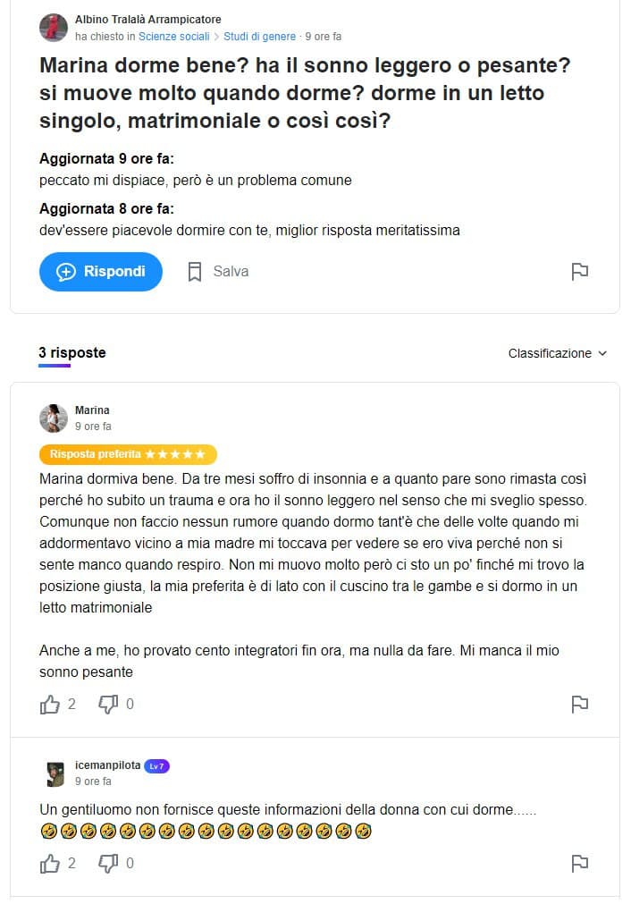 Aprile 2021, ultimi giorni di Yahoo Answers, una mia domanda morbosa, e una risposta sulla quale tuttora mi ségo.