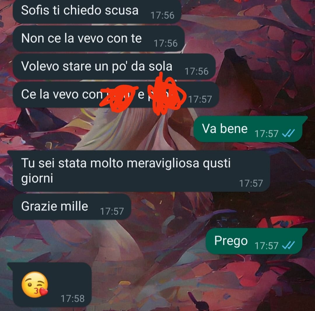 Credo che questa sia stata la prima volta che mia madre mi manda dei messaggi per chiedere scusa e non per minacciarmi delle peggio cose