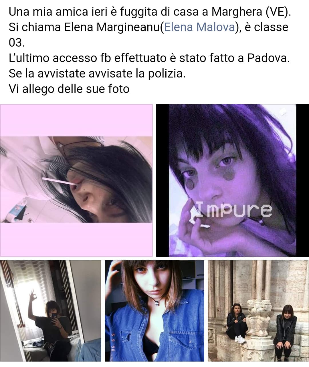 Il segreto riguardo la ragazza scappata di casa era mio, pubblico lo screen del post per aiutare meglio nelle ricerche...