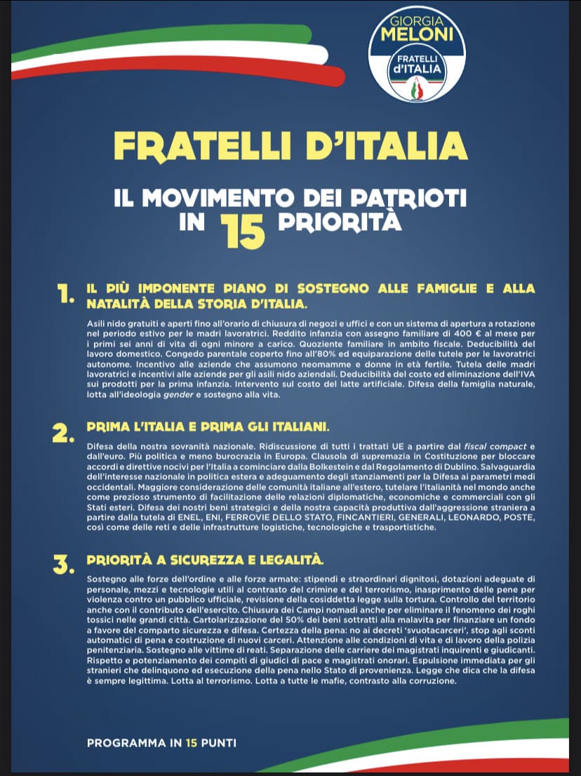 Bene allora visto comunque le possibilità per la prossima legislatura, vi condivido il “programma” del presunto partito vincente