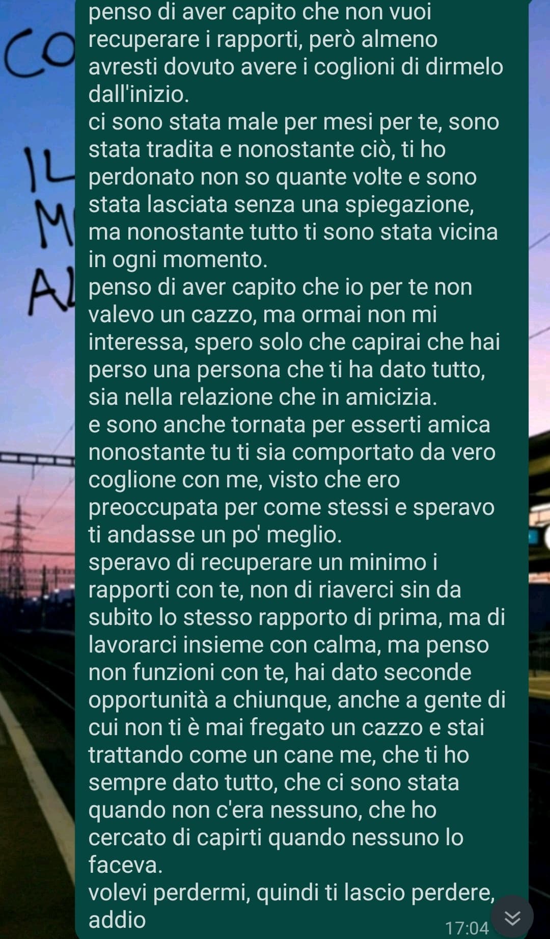 dovrei mandare questo messaggio al mio ex che mi sta ignorando e si sta comportando in maniera fredda dopo che gli ho chiesto di recuperare i rapporti nonostante lui mi abbia detto di sì?