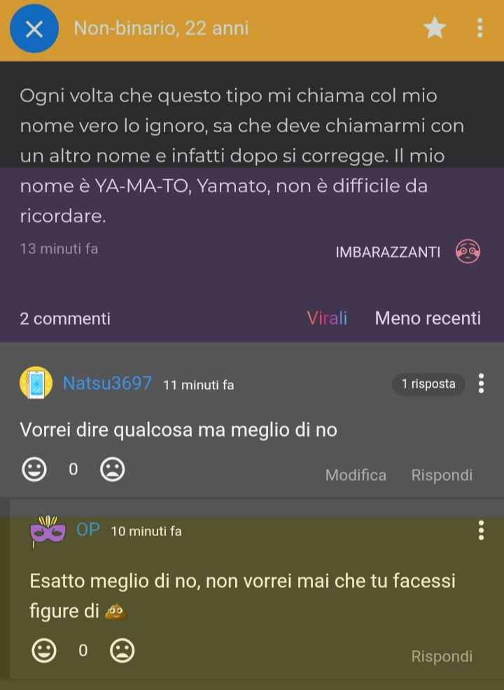 Dopo questa frecciatina nei miei confronti, mi sento in dovere di esprimere la mia opinione. Le persone otaku no binary che si scelgono un nome giapponese sono il cringe assoluto. 