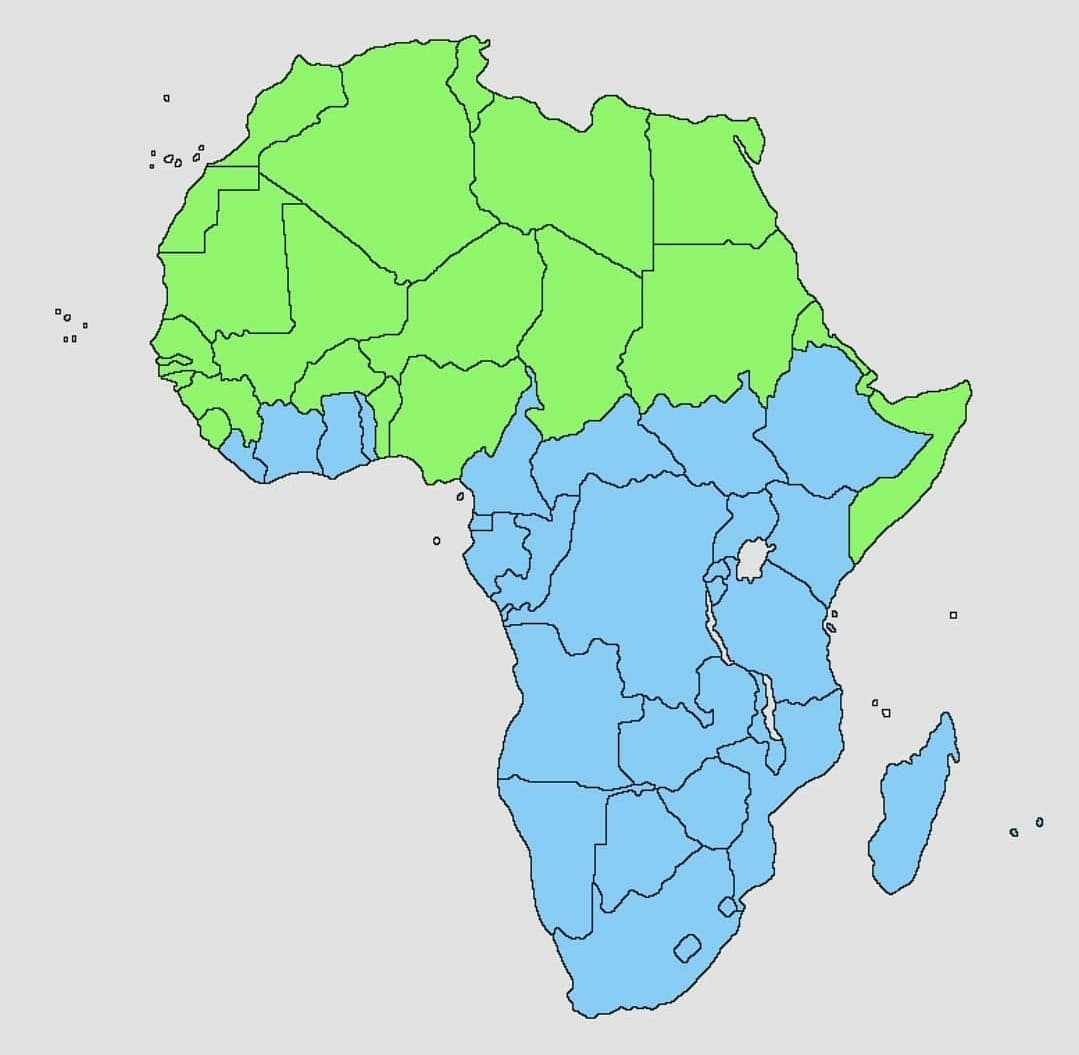 Religioni in Africa. Verde: Islam. Blu: Cristiana.