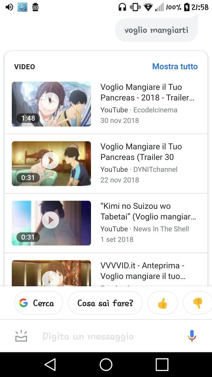 Stavo cazzeggiando su assistente google. Dico "voglio mangiarti" e mi esce questo, AH OK