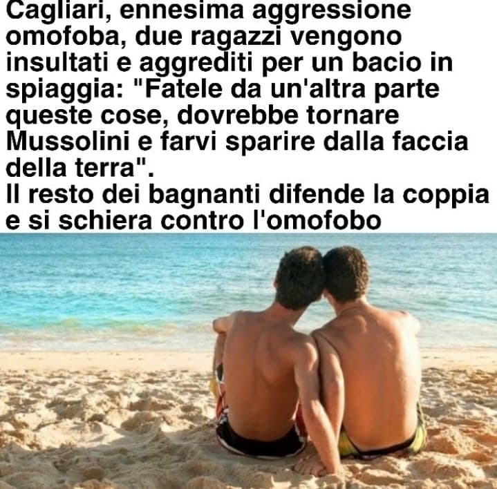 Però è carino come ora l'omofobia abbia un gran numero di persone contro di essa e che quindi le vittime di un attacco del genere non sono sole e vengono difese. Mi fa quasi sperare in una società migliore 