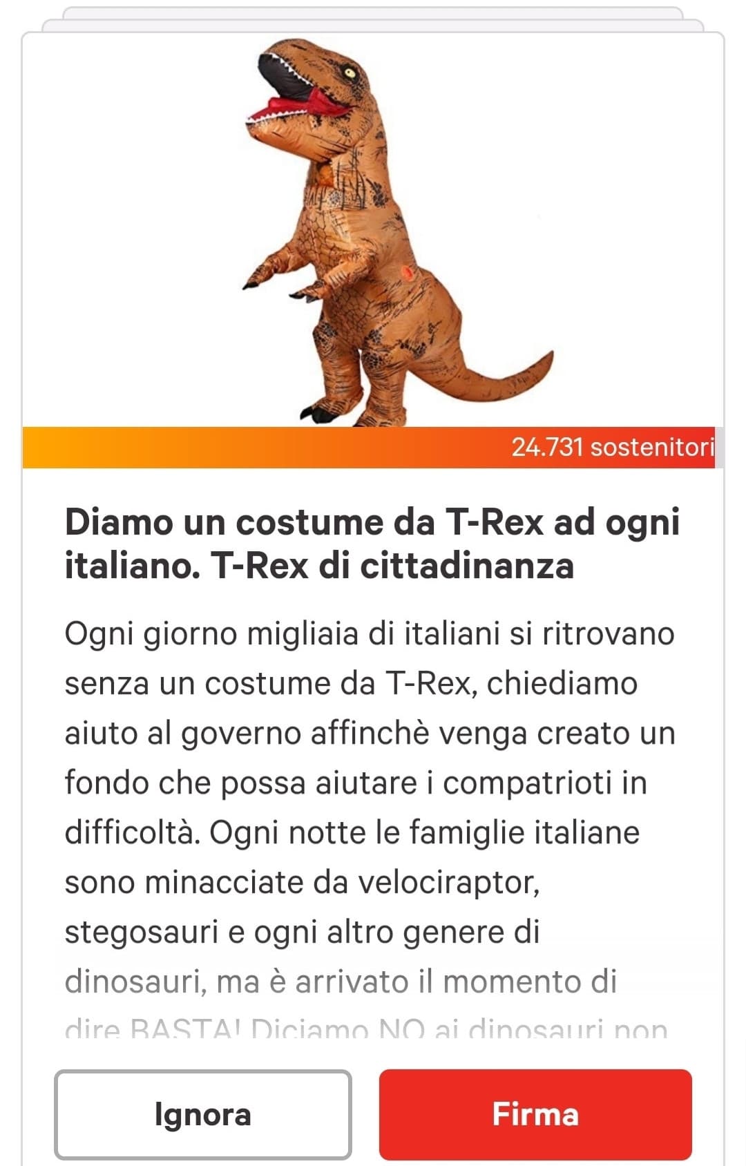 Ma qualcuno sa qualcosa di questa petizione? Perché io il mio costume da t-rex lo sto aspettando da mesi