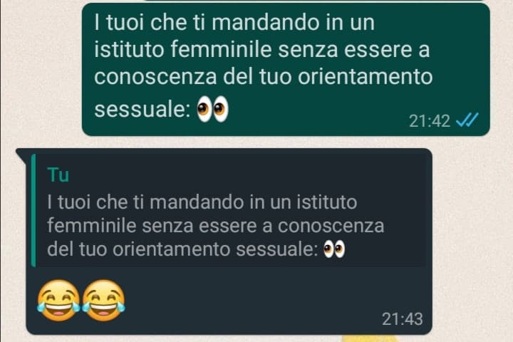 È in 5a superiore ed ha fatto tutti questi anni in un istituto femminile visto che i suoi genitori omofobi non sapevano fosse bi- HAHAHAH 