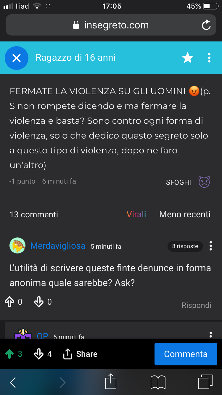 fai un segreto che dovrebbe essere serio e poi l’ultimo commento- pensi che qualcuno poi ti prenda per serio? 