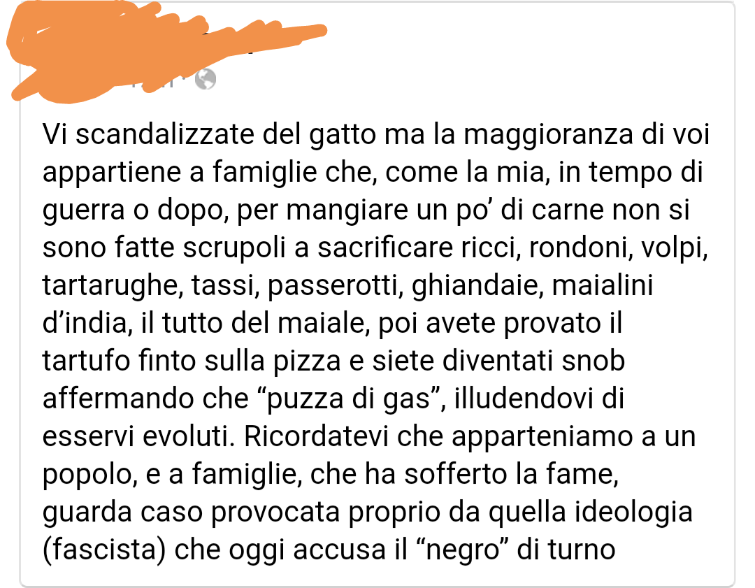 È un membro del pd toscana che si esprime sull'extracomunitario di ieri che ha ucciso e cucinato un gatto randagio sul marciapiede in toscana